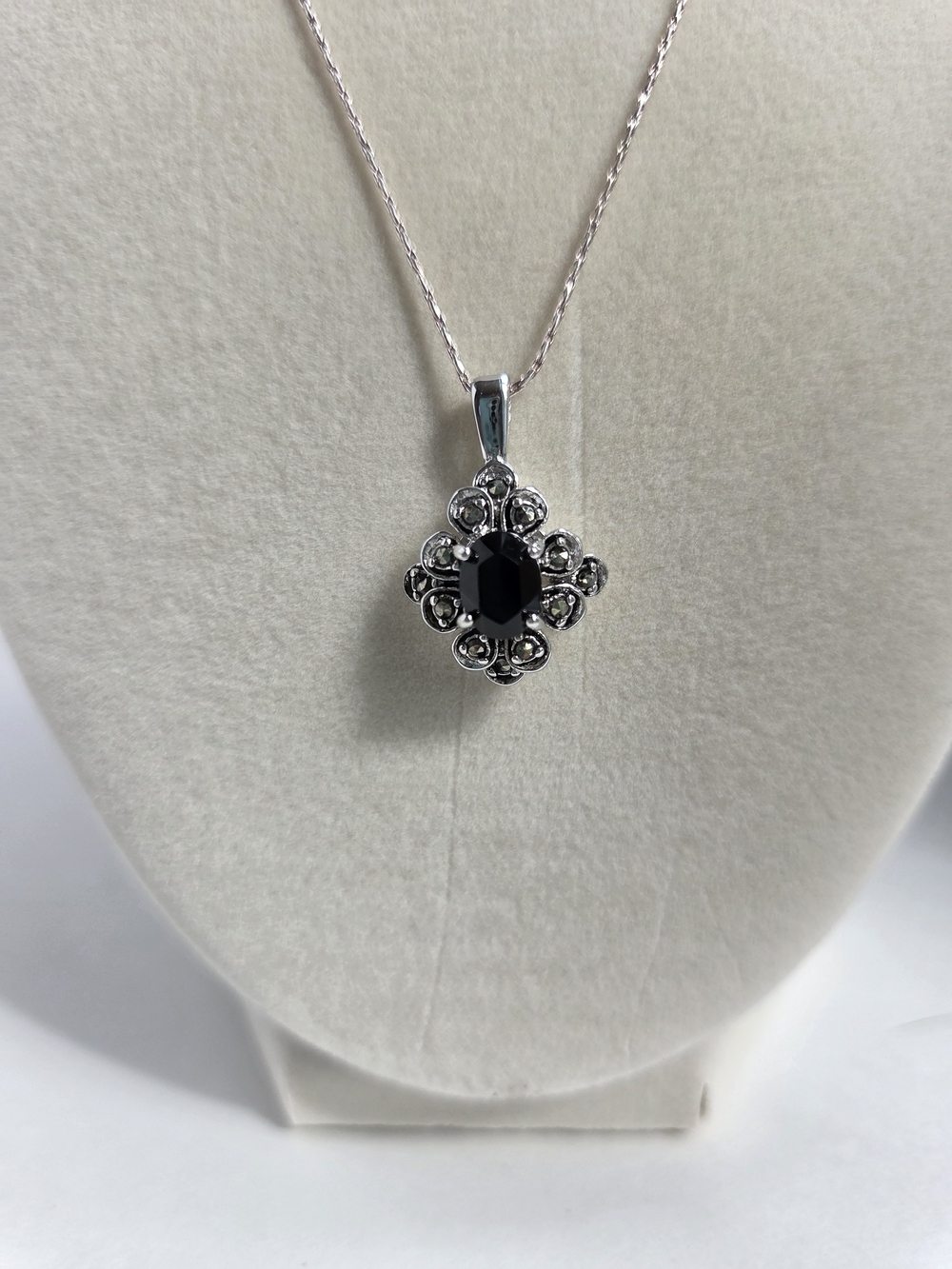 Silver-Tone Black Stone Floral Pendant Necklace